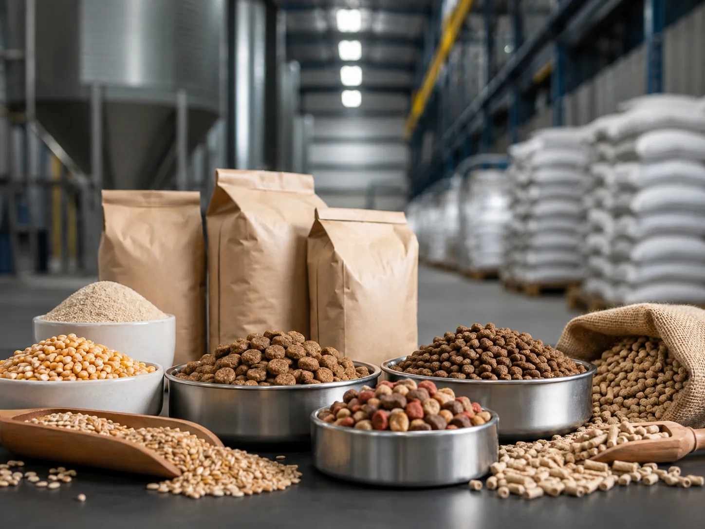 Furaje granulate, cereale și premixuri, lângă silozuri de stocare și saci ambalați