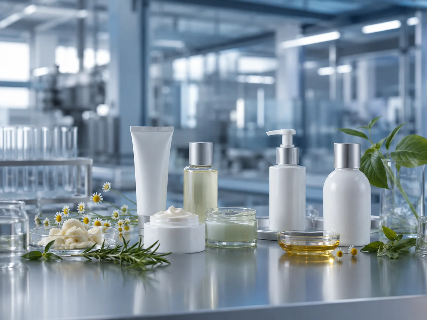 Creme, emulsii și uleiuri cosmetice în ambalaje albe, într-un laborator de producție