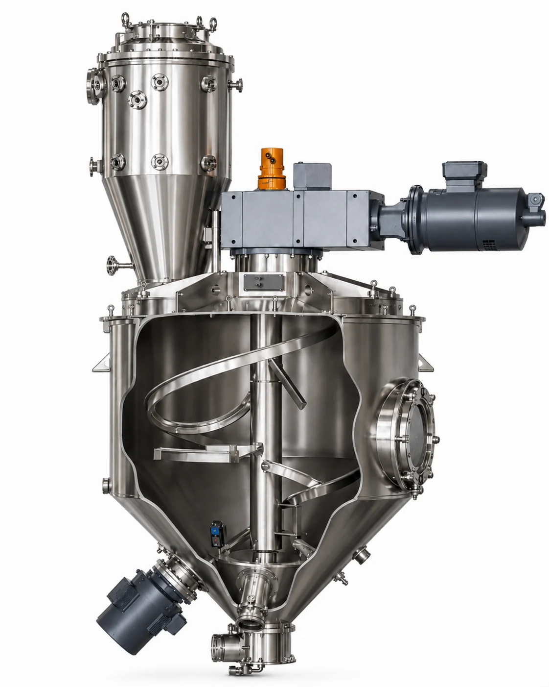 Mixer-uscător vertical sub vacuum — vedere în secțiune, cu organul de amestecare